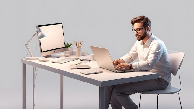 Een man zit aan een bureau met een laptop