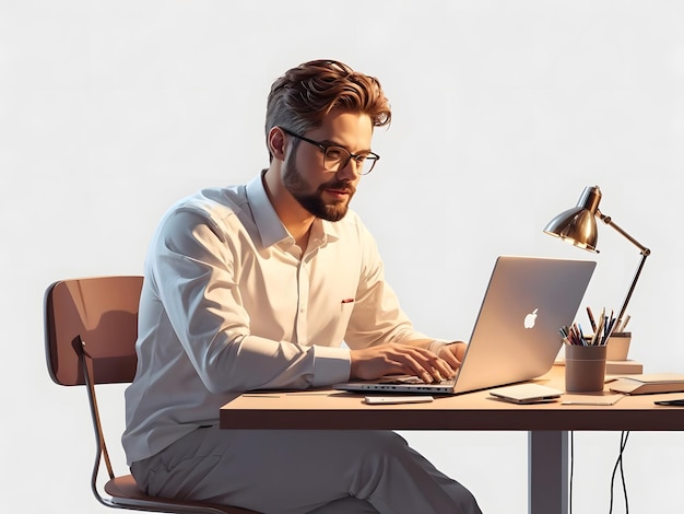 Een man zit aan een bureau met een laptop