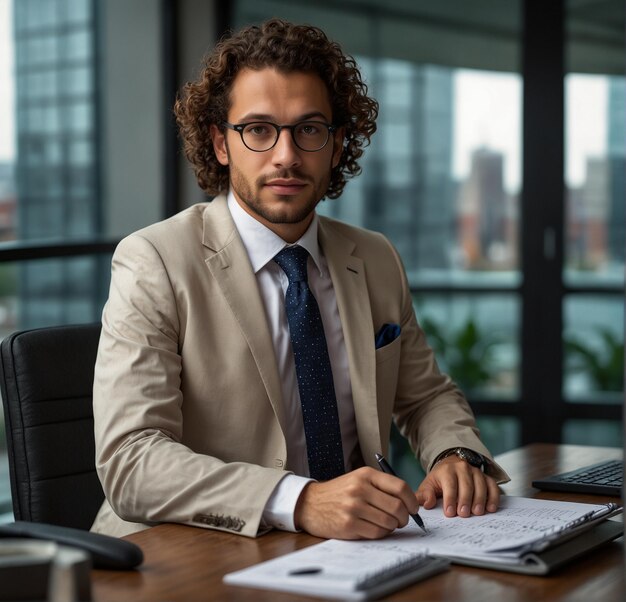 Foto een man zit aan een bureau met een pen in zijn hand