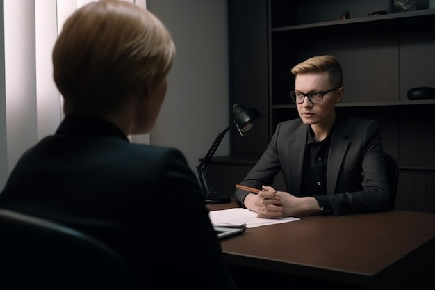 Een man zit aan een bureau met een vrouw in pak en bril.