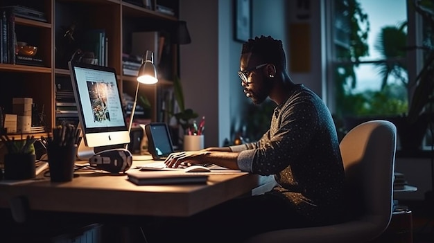 Een man zit aan een bureau voor een computerscherm waarop staat 'ik ben een computer'