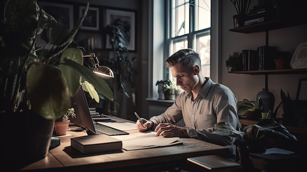 Een man zit aan een bureau voor een lamp met de tekst 'thuis' erop