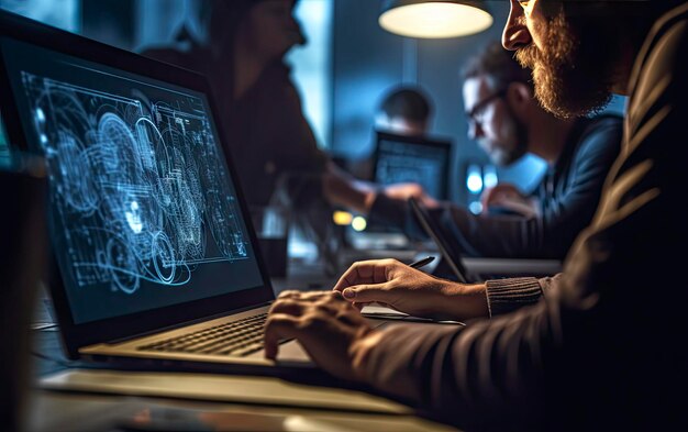 Een man zit aan een bureau voor een laptop met een foto van een man op het scherm.