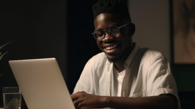 Een man zit aan een bureau voor een laptop