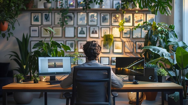 een man zit aan een bureau voor een muur met foto's met een man die aan een computer werkt