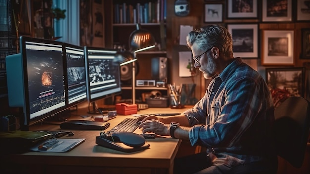 Een man zit aan een bureau voor twee computerschermen, waarvan er één verlicht is met een zwart licht.