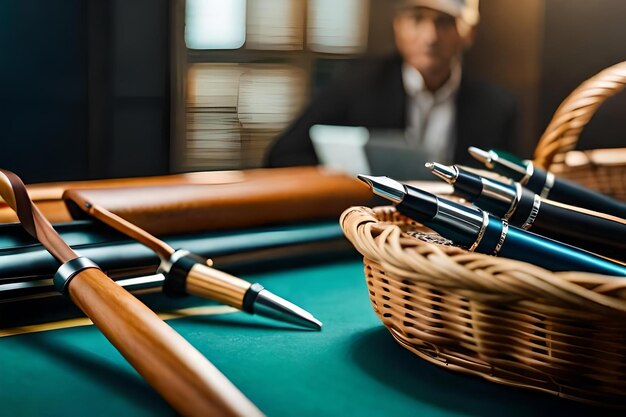 Een man zit aan een pooltafel met een mandje poolballen en een pen.