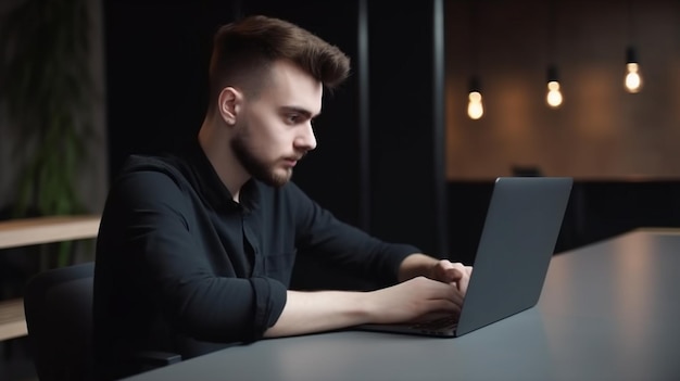 Een man zit aan een tafel in een donkere kamer op een laptop te typen.