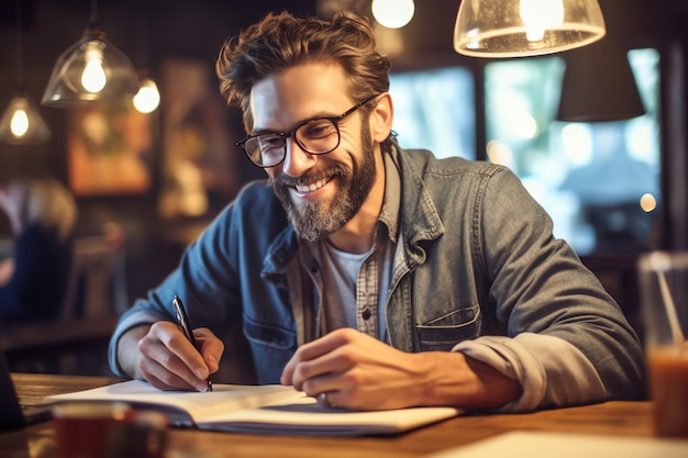 Een man zit aan een tafel met een boek in zijn hand en schrijft