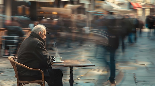 een man zit aan een tafel met een kop koffie in zijn hand