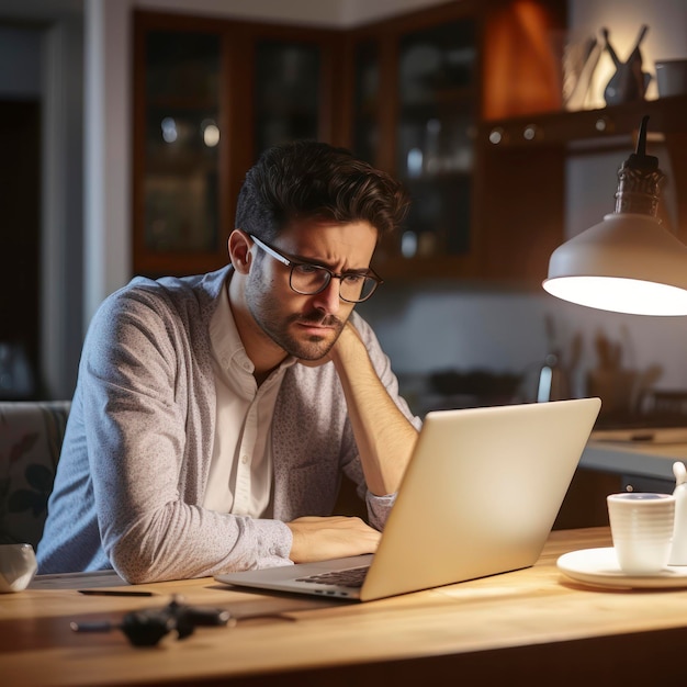 Een man zit aan een tafel met een laptop en een glas water.