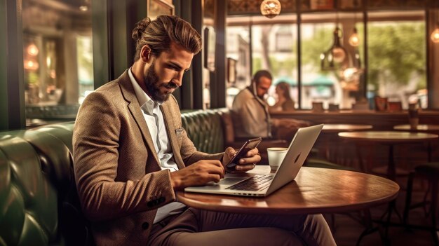 Een man zit aan een tafel met een laptop en een man die een smartphone gebruikt.