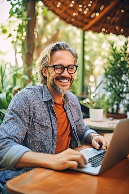 Een man zit aan een tafel met een laptop en glimlacht naar de camera