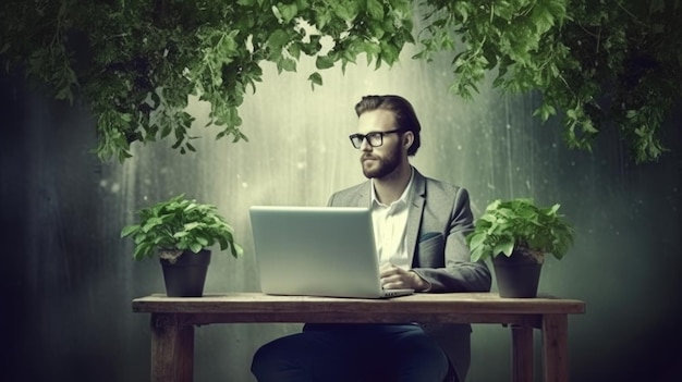 Een man zit aan een tafel met een laptop en plant om zich heen.
