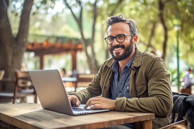 Een man zit aan een tafel met een laptop in een park.