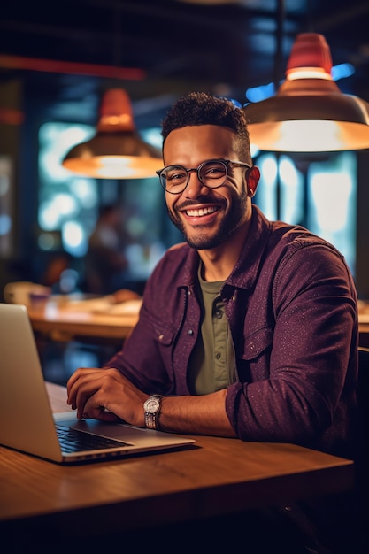 Een man zit aan een tafel met een laptop in een restaurant.