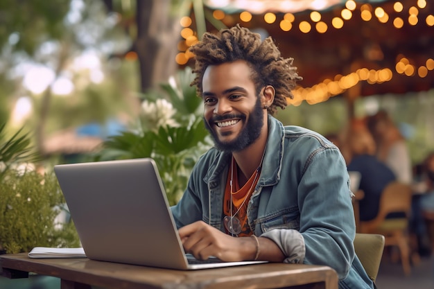 Een man zit aan een tafel met een laptop voor zich.