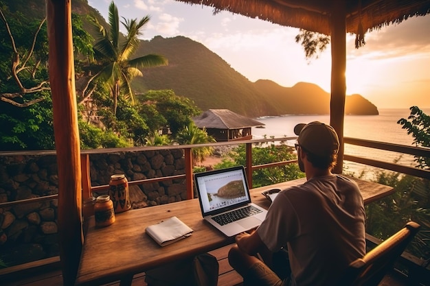 Een man zit aan een tafel met een laptop