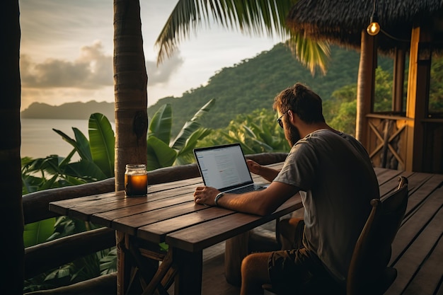 Een man zit aan een tafel met een laptop