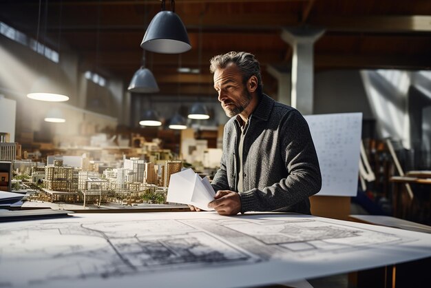 een man zit aan een tafel met een tekening van een huis en een tekending van een gebouw op de achtergrond