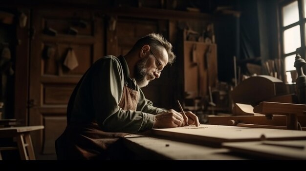 Een man zit aan een tafel te schrijven op een stuk hout.