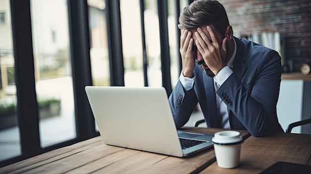 Een man zit aan een tafel voor een laptop