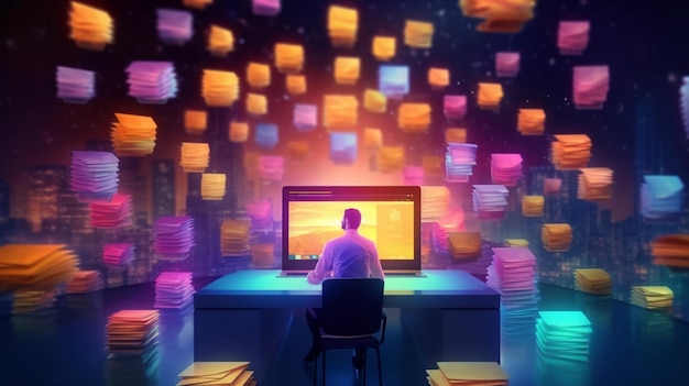 Een man zit achter een computer voor een muur van papieren.