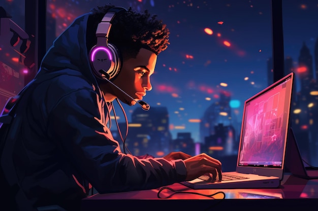 Een man zit achter een computerbureau en speelt spelletjes op een laptop