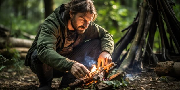 Een man zit bij een kampvuur in het bos met zijn zoon en geniet van een vreedzaam avontuur in de wildernis