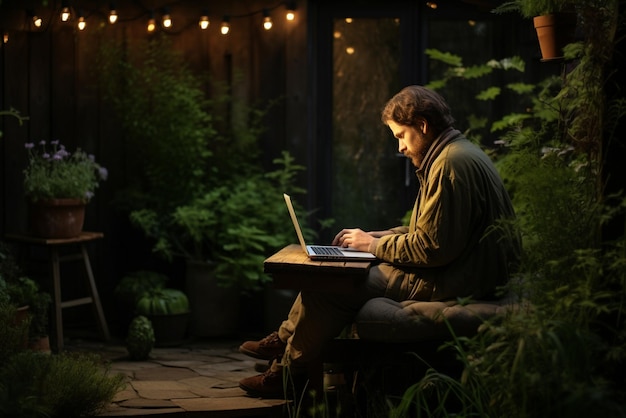 Een man zit buiten op een tafel en gebruikt een laptop