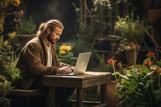 Een man zit buiten op een tafel en gebruikt een laptop