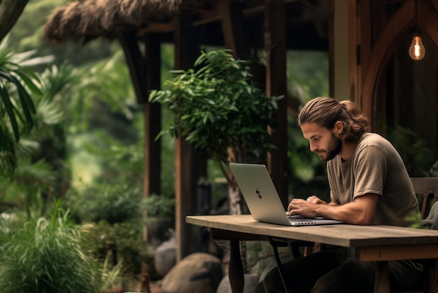 Een man zit buiten op een tafel en gebruikt een laptop