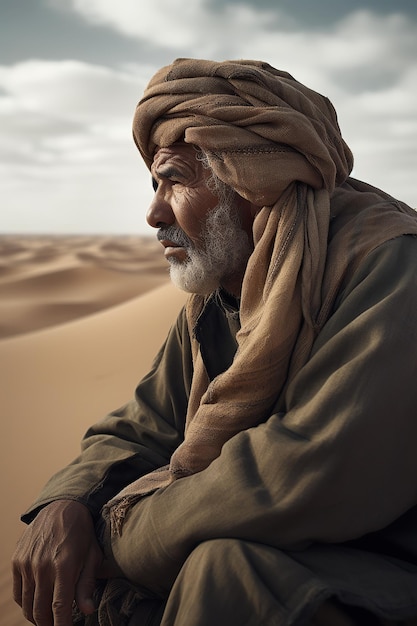 Een man zit in de woestijn met de zandduinen op de achtergrond.