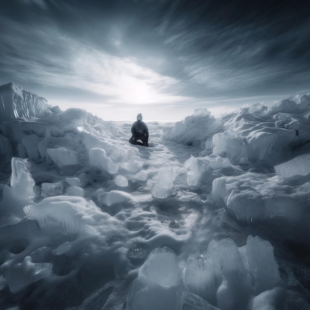 Een man zit in een bevroren landschap met de zon die door de wolken schijnt