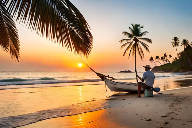 Een man zit in een boot op een strand bij zonsondergang.