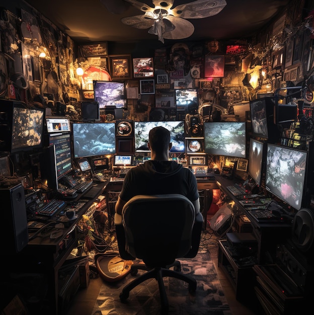een man zit in een computerkamer met veel monitoren en een plafondventilator.