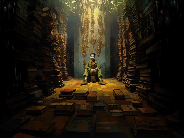 een man zit in een kamer met boeken op de achtergrond