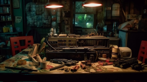 Een man zit in een kamer met een tafel vol gereedschap en een lamp waarop staat 'the game is on it'