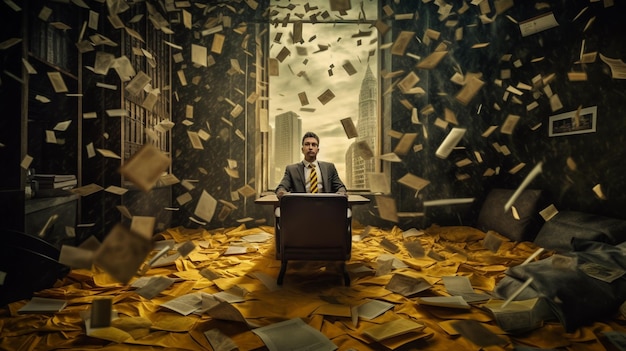 Een man zit in een kamer vol papieren en de woorden "papier"