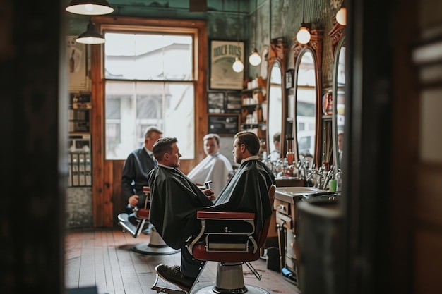 Een man zit in een kappersstoel terwijl een kapper zijn haar snijdt met een schaar in een levendige kapperswinkel Groomsmen die zich klaarmaken in een vintage kapperswinkels AI gegenereerd