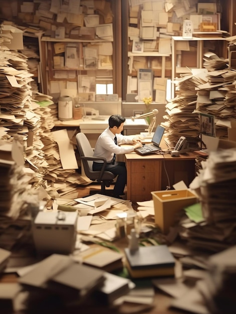 Een man zit in een rommelig kantoor met een stapel papieren op de grond.