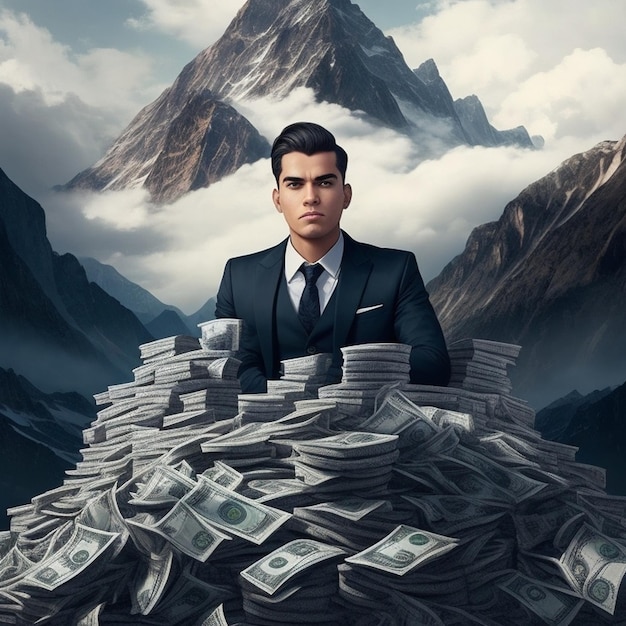 Een man zit in een stapel geld met de berg op de achtergrond.