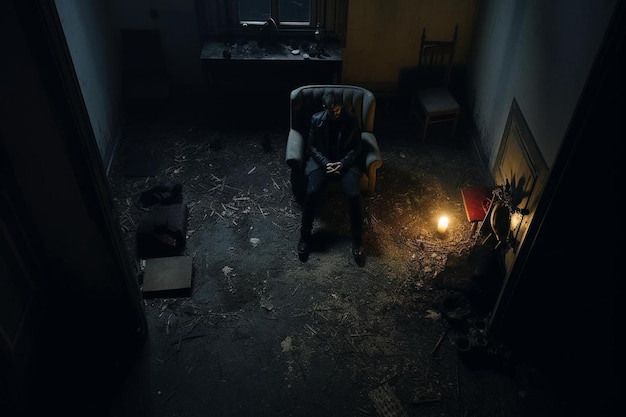 een man zit in een stoel in een donkere kamer met een brandende lamp.