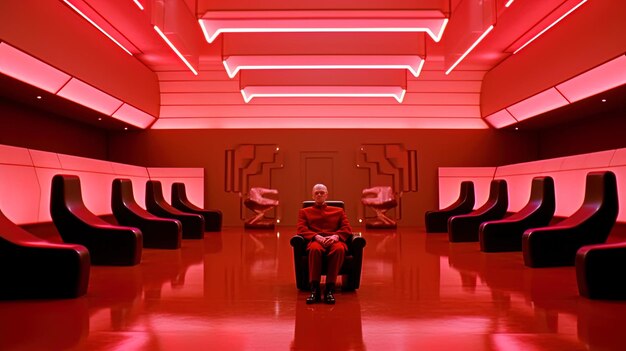 een man zit in een stoel in een rode kamer met een rood licht op de vloer