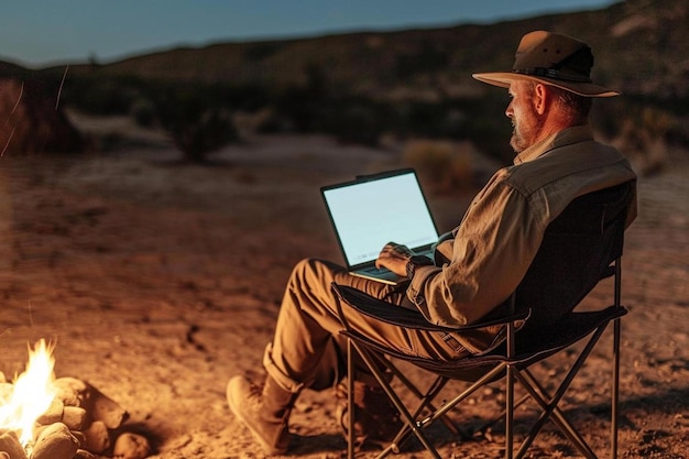 Foto een man zit in een stoel met een laptop op schoot