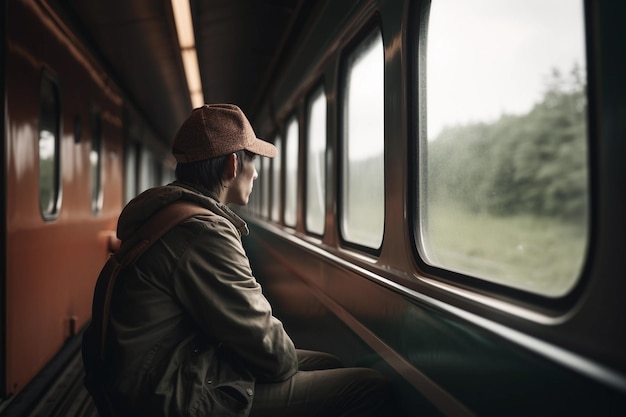 Een man zit in een trein en kijkt uit het raam.