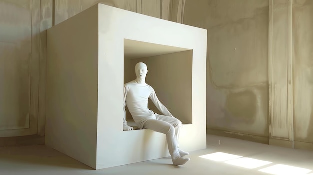 Foto een man zit in een witte doos met zijn hoofd naar de zijkant gedraaid de doos is in een wite kamer met een enkel raam dat licht binnenlaat