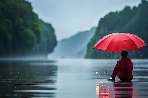 Foto een man zit in het water met een paraplu in zijn hand.