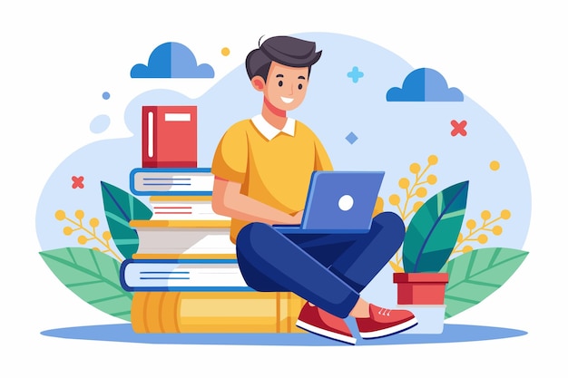 Een man zit met een laptop open voor een stapel boeken. Een man zit voor een laptop met boeken over online leren. Eenvoudige en minimalistische platte vectorillustratie.