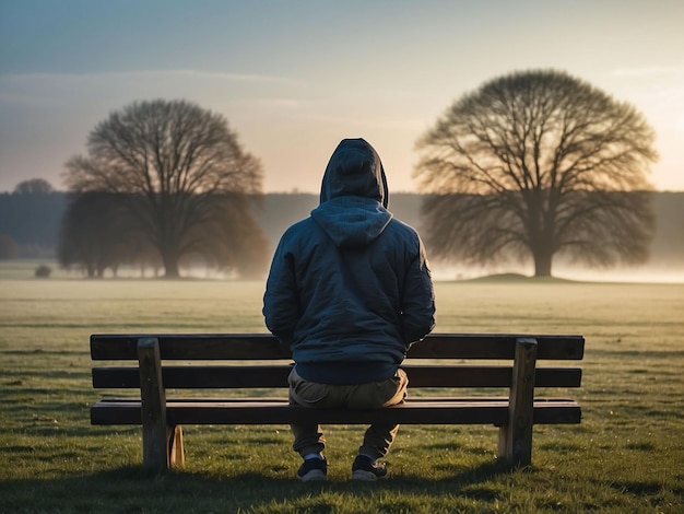 Een man zit op de rand van een veld met een hoodie op een wintermorgen